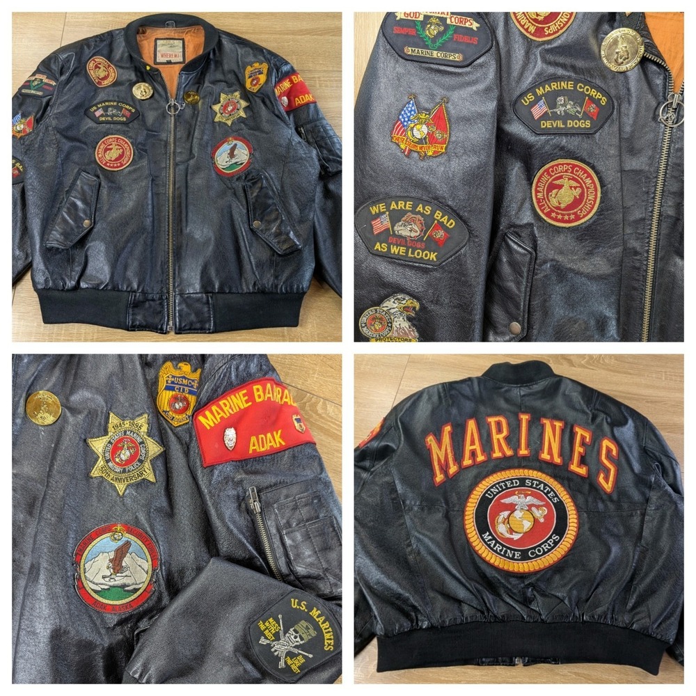 Vintage Michael Hoban WHEREMI USMC Leather Flight Jacket 3XL Marines Devil Dogs